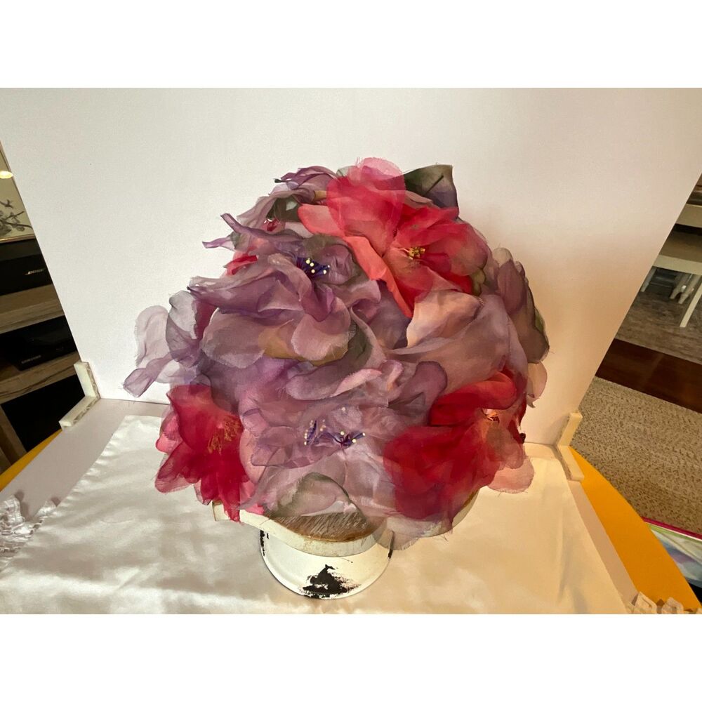 Vintage pink floral hat; millinery flowers; pink silk flowers Shabby Chic hat
